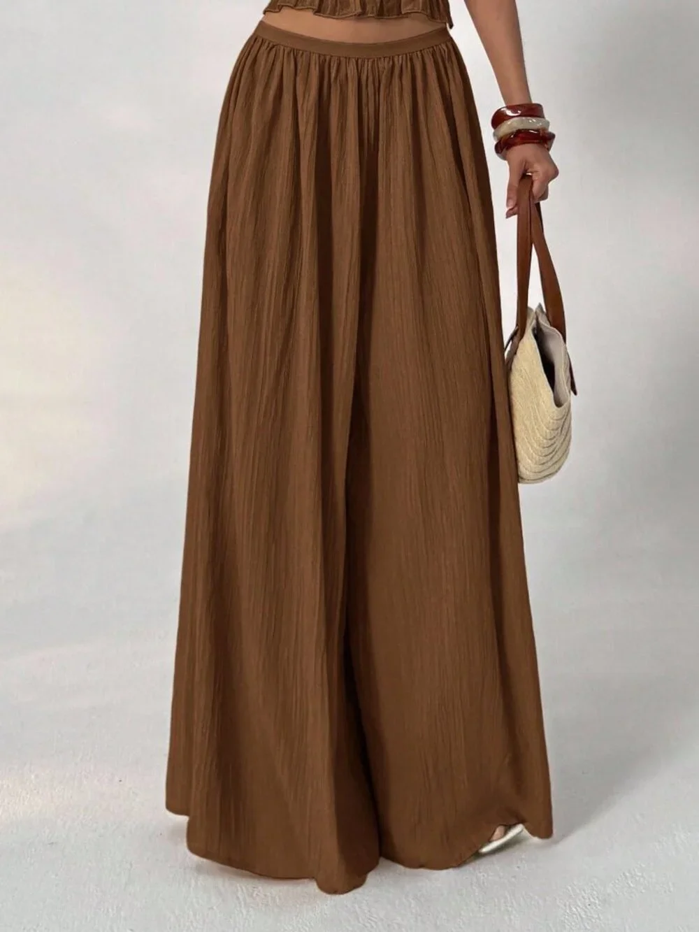 Brown Casual Women's Loose Textured Pants - Picture 3 of 7